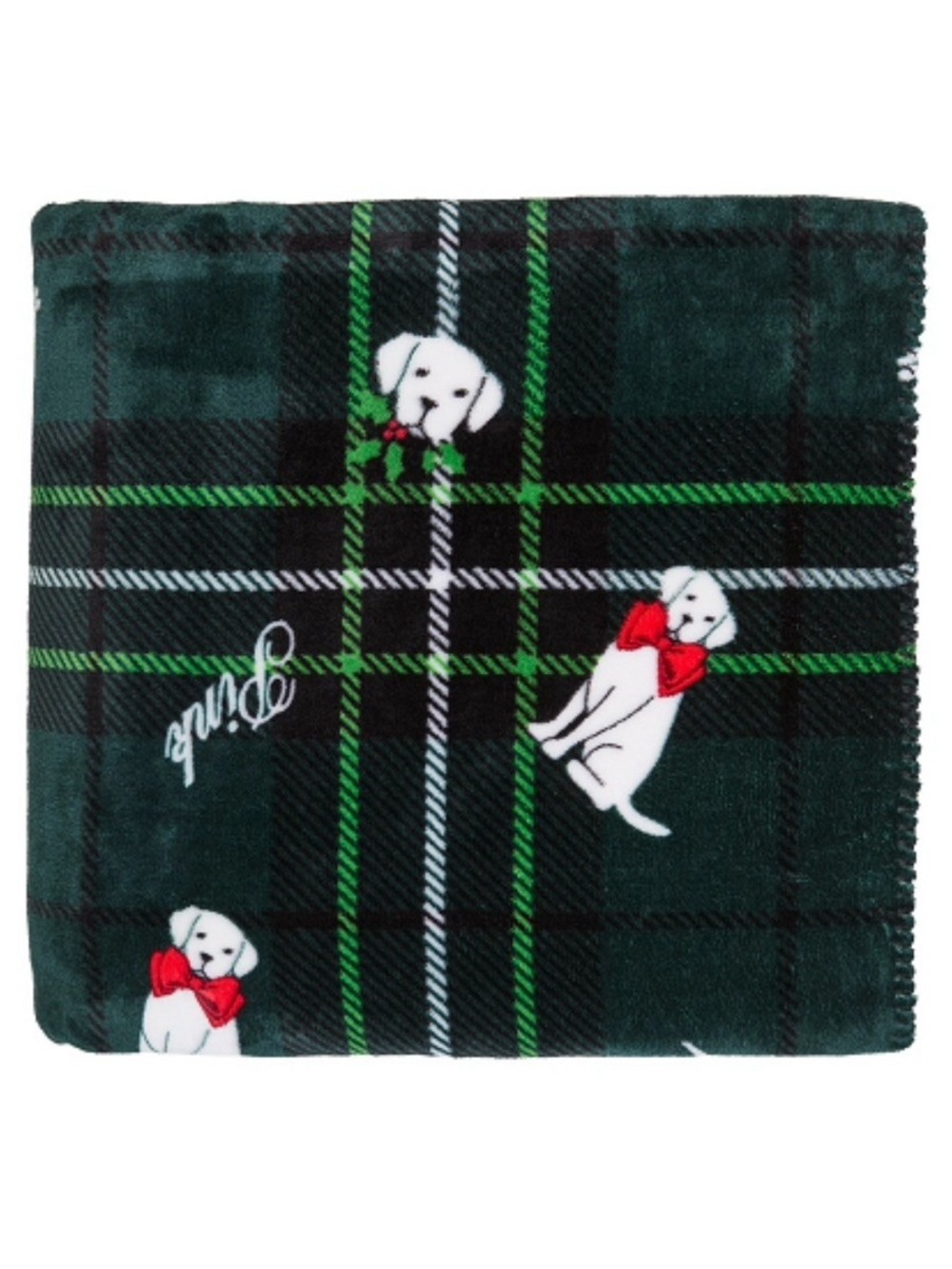 PINK Victoria's Secret Dark Green Plaid Dog Blanket with Puppy Motif